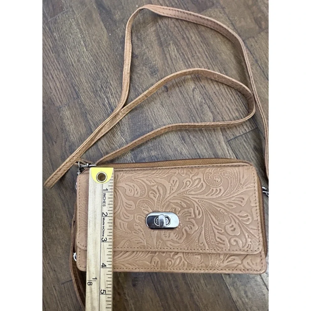 Bueno of California Embossed Floral Wallet on a String Crossbody Bag Tan